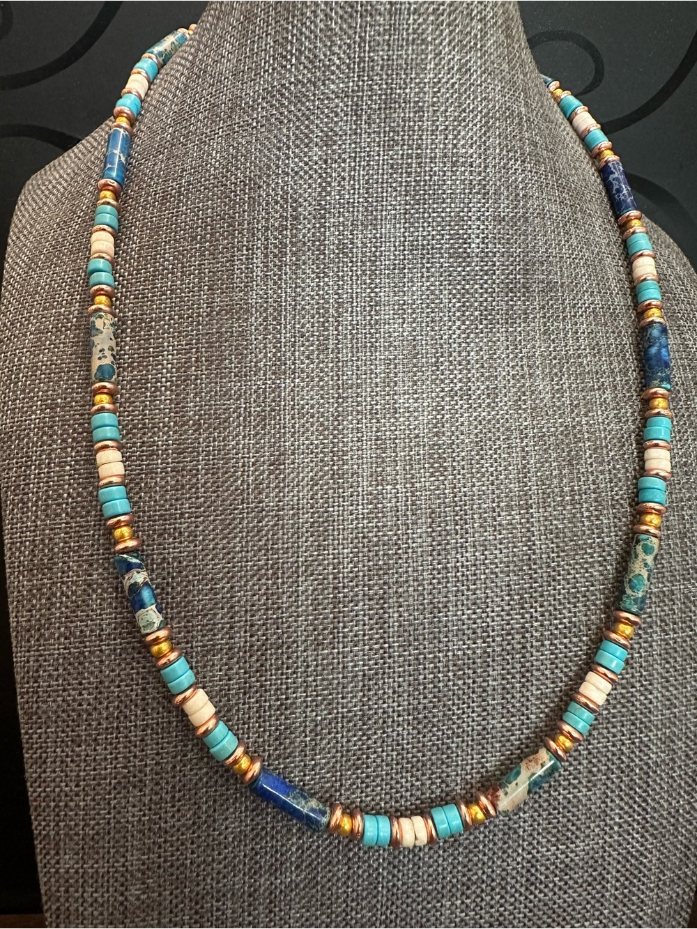 Turquoise and Navy Beaded Women's Necklace - Gold Accent